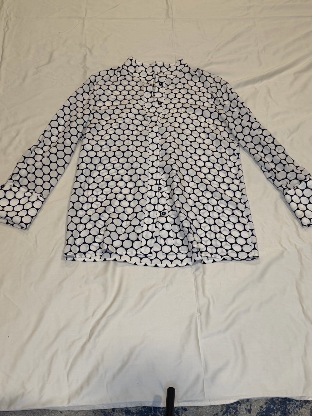 Diane Von Furstenberg Navy and White Polka Dot Silk Blouse